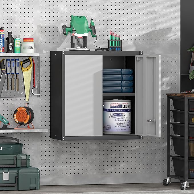GREATMEET 27.95" H Lockable Storage Cabinet, Metal Garage Storage Cabinets, Wall Storage Cabinet for Utility Room, Black&Grey