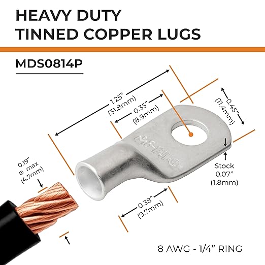 SELTERM 25pcs 8 AWG 1/4" Stud Marine Grade Tinned Copper Battery Cable Lugs, 8 Gauge Ring Terminals, UL Wire Lugs Electrical Battery Cable Ends, Tinned Copper Lugs Battery Terminal Connectors