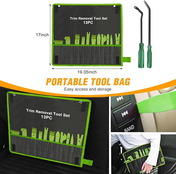 GOOACC 13PCS Nylon Trim Removal Tool Set for Bumper Fastener Rivet Clips Car Door Clip Panel Audio Video Dashboard Dismantle Green