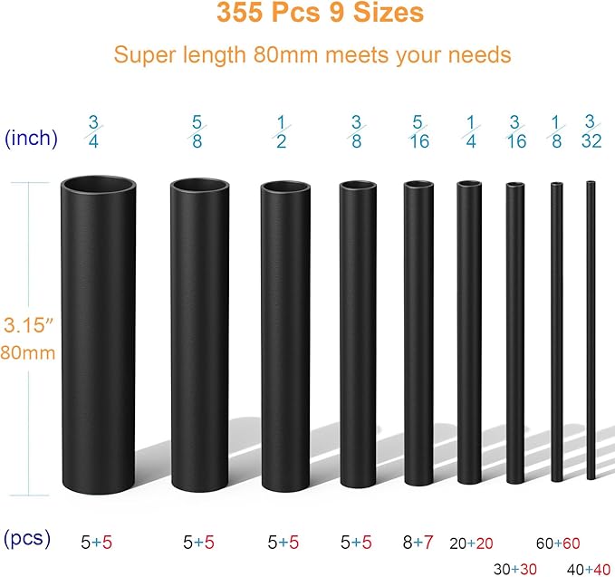 Heat Shrink Tubing Kit 355pcs - 3:1 Adhesive Lined - Electrical Waterproof Industrial Heat Shrink Tape Terminals- Marine Grade Wire Connector Shrink Wrap Tube - 3.15" Length - Black and Red
