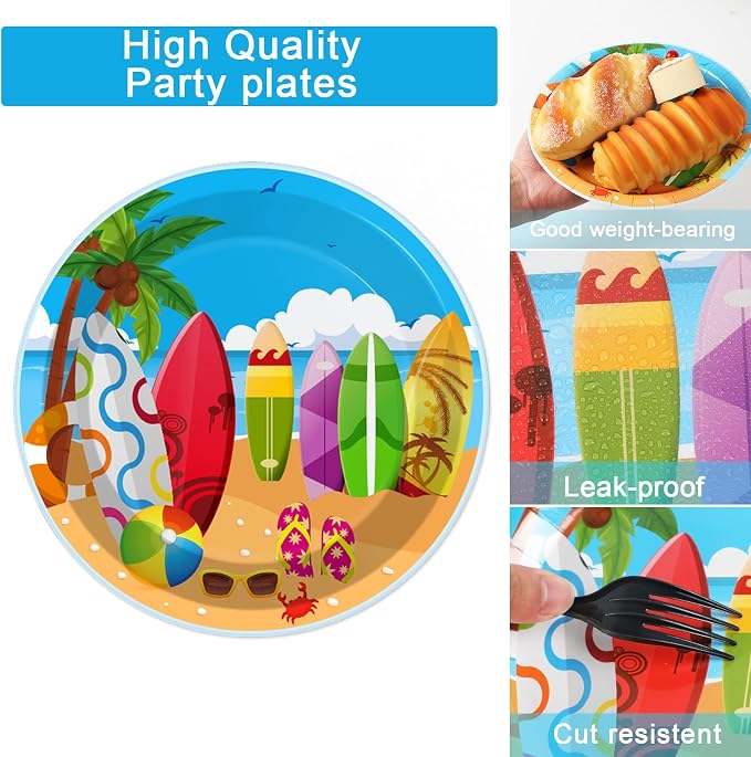 100 Pcs Summer Beach Surfing Party Paper Plates Napkins Supplies - Image 4