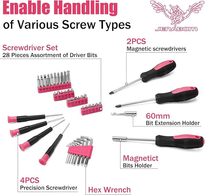 Pink Household Tool Set with 3.6V USB Electric Screwdriver, 151 PCS Home Tool Kit with Cordless Lithium-ion Drill Driver, Hand Tool Kits for Women