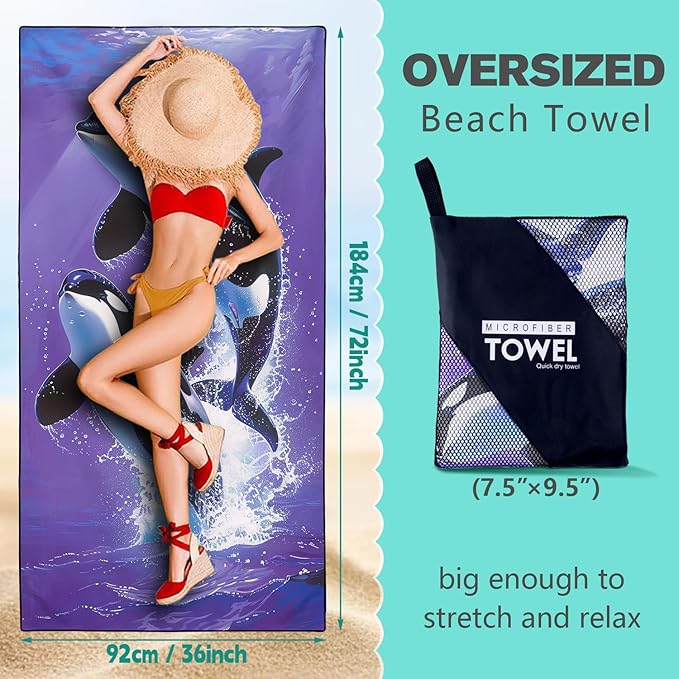 Killer Whale Beach Towel Oversized 36" x 72", Thin Lightweight Sand Free Quick Dry Microfiber Towel for Swimming Pool Cruise Camping Travel