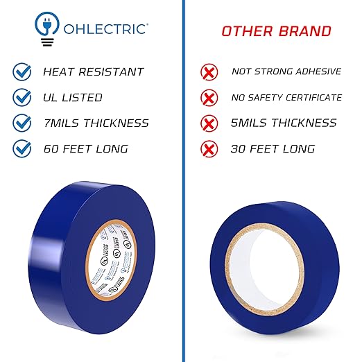 OHLECTRIC Professional Grade Vinyl Electrical Tape (10 Pack) Blue - 7 Mil Thick Flame-Retardant, Heat & Weather Resistant 3/4 Inch x 60 Feet | Ideal for Contractors & Electricians