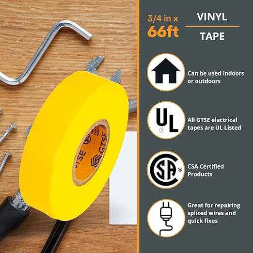GTSE Yellow Electrical Tape, 3-Pack – Waterproof, Industrial Grade Vinyl, 3/4 in x 66ft– Strong Self-Adhesive PVC Electric Tape for Wire Insulation, 7 Mil, 600V – UL/CSA Listed