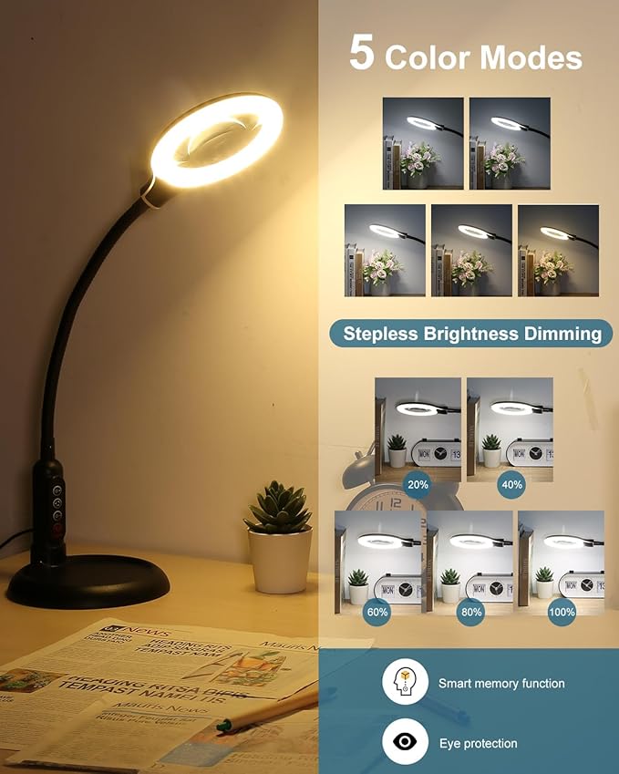 12X Magnifying Glass with Light and Stand, Real Glass, LED 5 Color Modes - Image 3