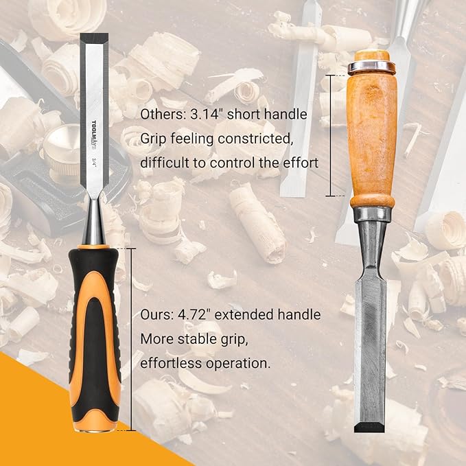 4-Piece Wood Chisel Set, Carbon Steel Blades with Ergonomic Handle, 3/8" 1/2" 3/4" 1" for Woodworking, Durable Metal Strike Cap (5-inch Handle for Comfortable Grip)