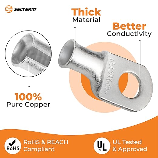 SELTERM 2pcs 4 AWG 3/8" Stud (X - Wide Pad) Tinned Copper Wire Lugs, Battery Lugs, Ring Terminals, Battery Cable Ends, 4 Guage Ring Terminal Connectors, UL Marine Grade Battery Terminal Connectors