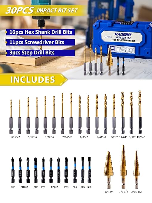 JEFE HEX 30pcs Impact Bit Set, Screwdriver Bit Set 11pcs, Hex Shank Drill Bit Set 16pcs, Step Drill Bit 3pcs, High Speed Steel Materialand Titanium Coating, S2 Alloy Steel Bits with Index Box