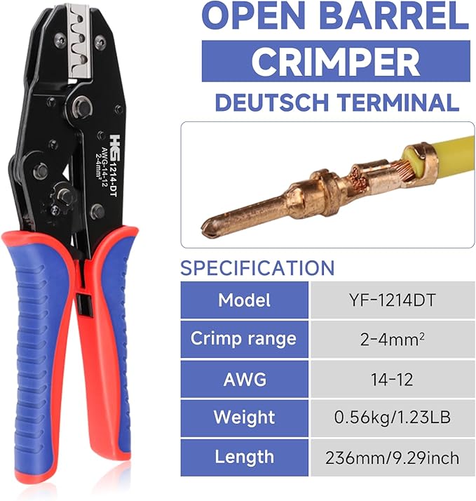 HKS 14-12AWG Size12 Deutsch DTP Crimp Tool (YF-1214DT) - Open Barrel Terminal Crimper for Stamped Contacts