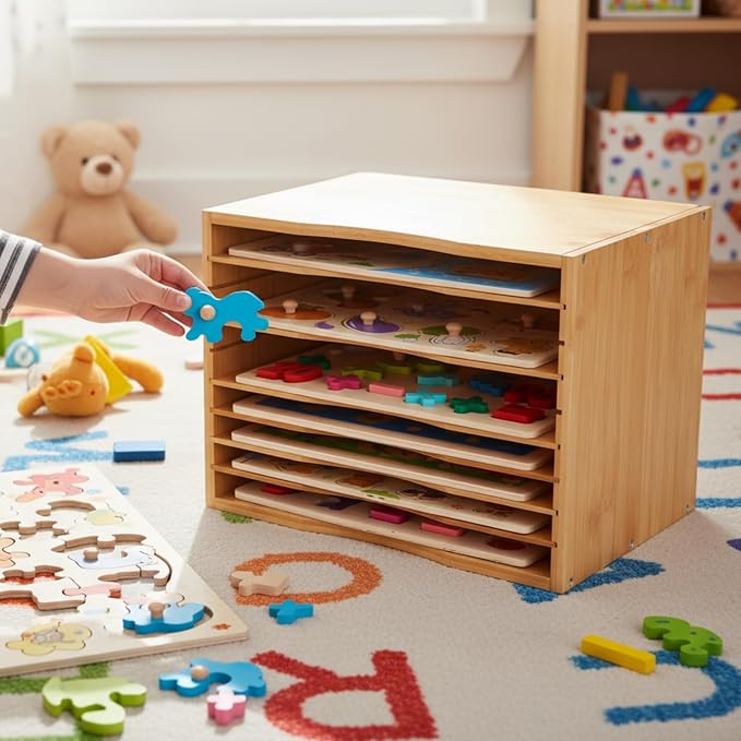 Ripeng 1 Pack Bamboo Puzzle Holder Rack, 7-Tier Adjustable Storage Organizer - Image 2