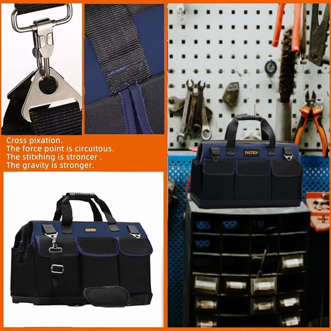 22in Heavy Duty Bottom Tools Bag With Wide Mouth For Tool Storage, Carrier and Organizer, Tote Bag for Men/Women, Wide Mouth Tool Bags With Inside Pockets (22 Inch)