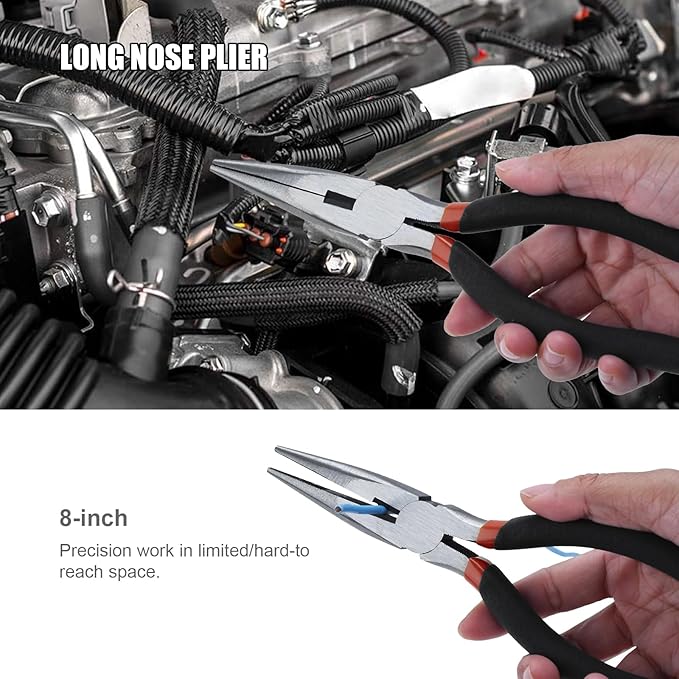 4 Pack Precision Basics Pliers Set-8'' Slip Joint, Long Needle Nose Pliers, Lineman, And 7''Diagonal Pliers for DIY, Construction, Machinery, Home Maintenance and Garden Projects
