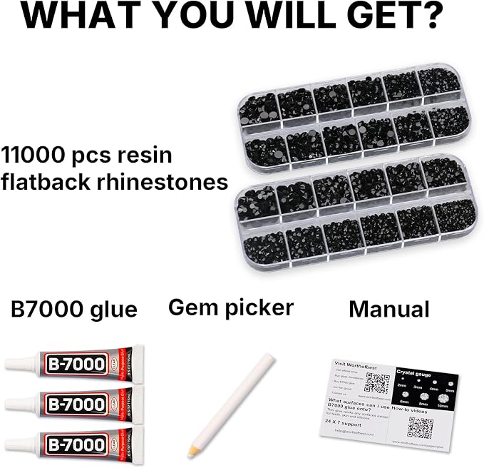 11000PCS Black Rhinestones for Bedazzling, Mixed Sizes 2, 5MM Flatback Gems - Image 2