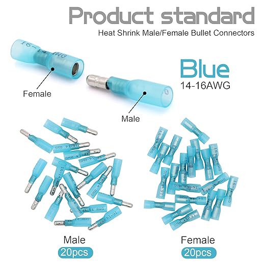 120PCS Heat Shrink Bullet Connectors Kit,Waterproof Electrical Female & Male Bullet Butt Terminals(12-10AWG,14-16AWG,18-22AWG)