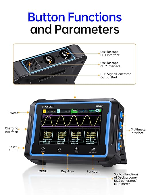 FNIRSI 2C53P Handheld Tablet Oscilloscope Multimeter DDS Signal Generator 3 in 1, 2CH Automotive Oscilloscope Multimeters with 50Mhz Bandwidth, 19999 Counts, 250MS/s Sampling, 4.3 inch Touch Screen