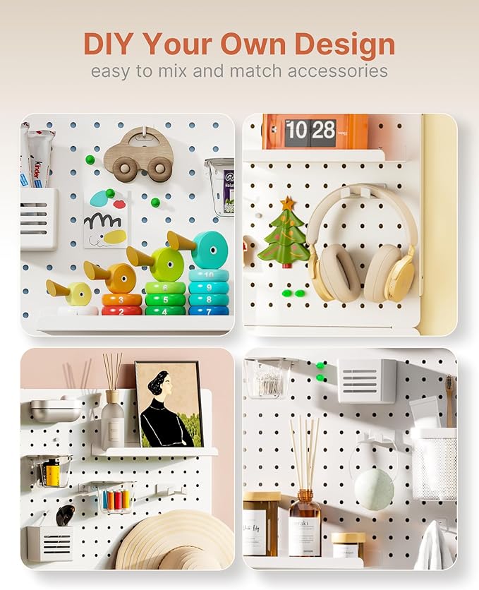 Pegboard Wall Organizer Combination Kit,Overall 33.1"x20.5" Metal Office Pegboard with 19 Accessories, Wall Mounted Peg board Display Panels for Home, Gaming Room, Garage (2Pcs,White)