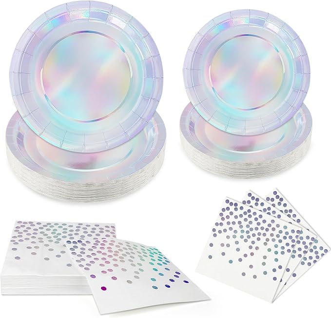 150 PCS Iridescent Party Supplies, Holographic Disposable Paper Plates Napkins by Unknown