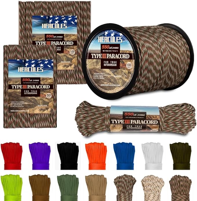 HERCULES Type III Paracord 550 Paracord Rope Parachute Cord, 50' Camo for Survival Rope, Survival Cord