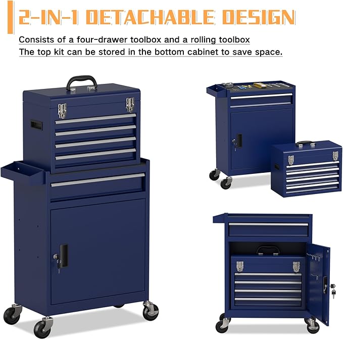 5-Drawer Rolling Tool Chest,Garage Storage Tool Box with Wheels,Lockable and Detachable Tool Cabinet,Heavy Duty Metal Tool Cart with Wheels for Garage,Warehouse,Workshop (Blue)