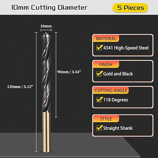 Drill Bit, 10mm Cutting Diameter, 4341 HSS Gold and Black 118° Cutting Angle Number Jobber Bits - (Applications: for Drilling Soft Metal Plastic Wood), 5-Pieces