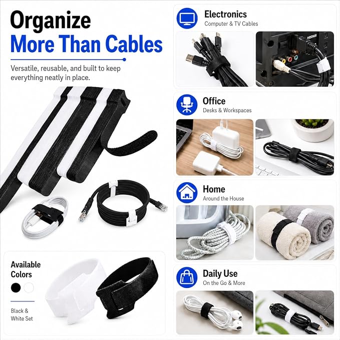 70pcs Cable Ties Reusable Black and White Wire Ties Cable Management Cord Ties - Image 4