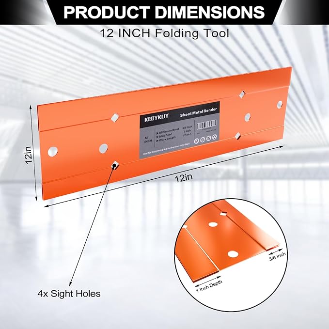 Sheet Metal Bender Folding Tool, 12 Inch Hand Seamer for HVAC Ductwork, Roofing & Metal Panels, 3/8" & 1" Fold Depth, Heavy Duty Steel Brake with High-Visibility Orange Finish
