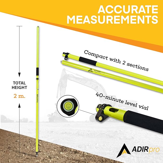AdirPro Aluminum GPS Rover Rod – 2m 2-Piece Design GPS Pole for Land Surveying & Engineering – RTK GPS/GNSS Accessory – Includes Level Vial & Carrying Case (Fluorescent Yellow)