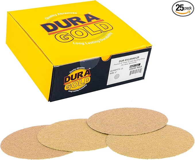 Dura-Gold Premium 40 Grit 6" Gold Sandpaper Discs, No Hole Pattern Dustless, Box of 25, Hook & Loop Backing for DA Sander, Finishing Coarse Sanding Abrasive Automotive Paint, Woodworking Wood, Metal