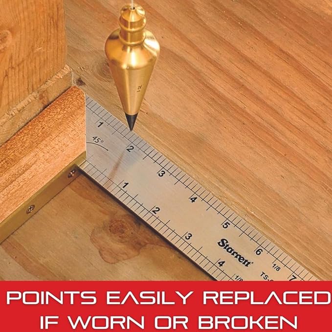 Solid Brass Plumb Bob, Brass Construction, Stainless Steel Point, Professional Centering Tool, Replaceable Tip (8oz)