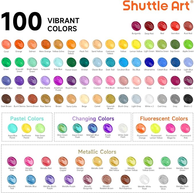 Shuttle Art 100 Colors Acrylic Paint, 2oz/60ml Bottles, Include 2 Sets of 12 - Image 3