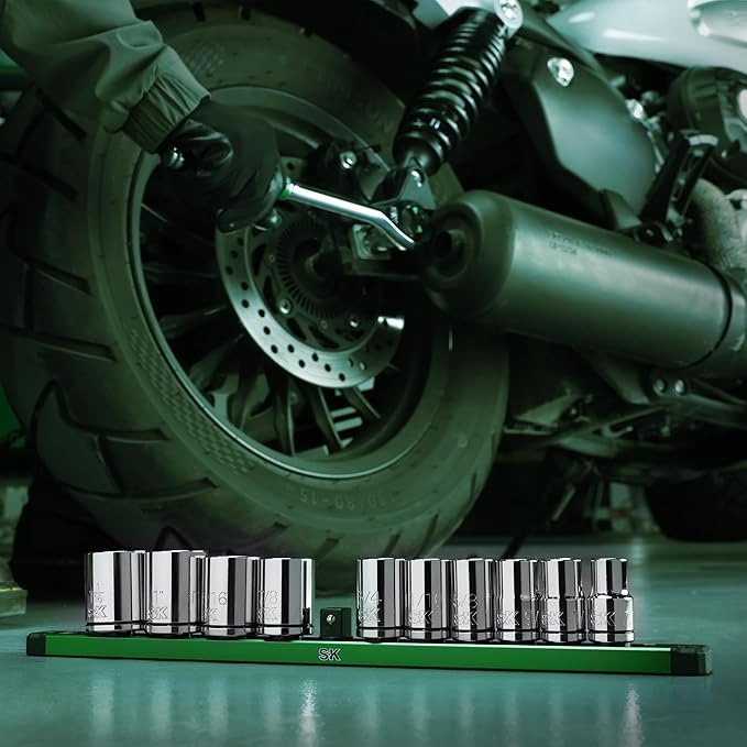 SK 1/2" Drive Socket Set, SAE Sockets, 11-Piece 7/16" to 1-1/16", SuperKrome Finish, Premium CR-V Construction, with Aluminum Socket Organizer