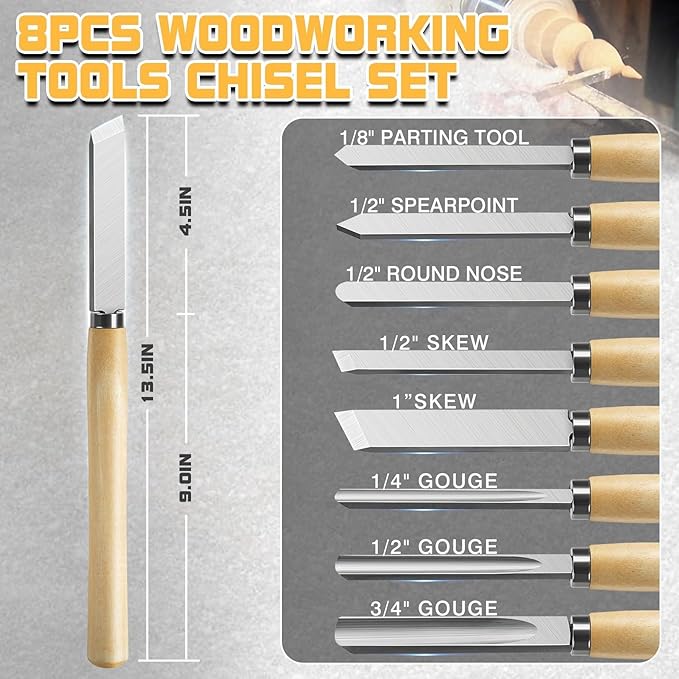 8 Pcs Wood Lathe Tools, Wood Chisel Sets, Suitable For Wood Working Tools, Which is Used for Lathe, is Suitable for Beginners and Professionals (8)