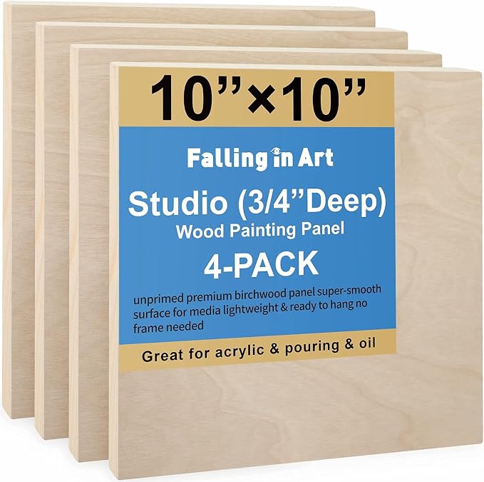 Falling in Art 4 Pack 10x10’’ Unfinished Birch Wood Panels Kit by FallinginArt
