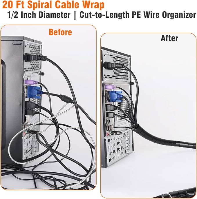 20 Ft Spiral Cable Wrap – 1/2 inch Diameter, PE Wire Organizer - Image 2
