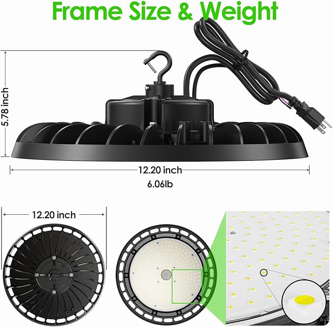 LED High Bay Light 200W, 12' UFO Commercial Lighting Fixture w/Isolated Power Supply, w/Plug for Garage Shop Warehouse Workshop, 5000k 28000lm Dimmable IP65 UL ETL Listed (1-Pack)