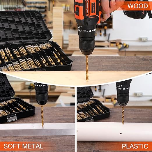 COMOWARE 230 Pcs Drill Bit Set for Wood & Metal - Titanium Wood Drill Bits, High Speed Steel Drill Bit Kit Titanium Coated for Wood, Metal, Plastic, Aluminum Alloy with Storage Case, 3/64"-1/2"