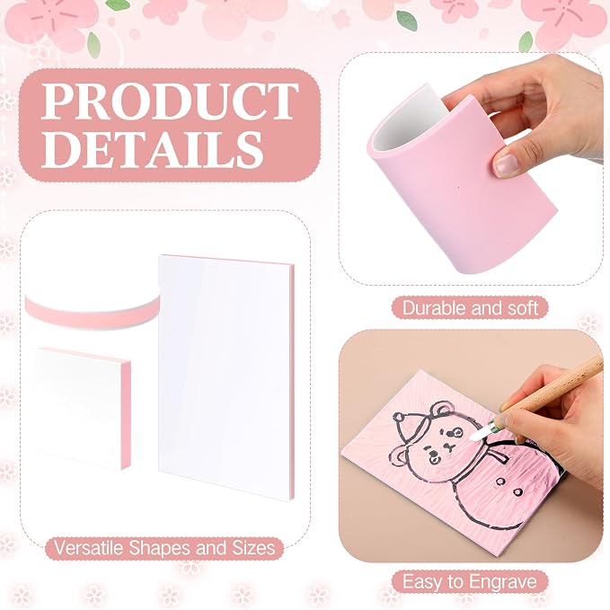 18 Pcs Rubber Stamp Carving Blocks Linoleum Blocks 4"x6" and 2"x2" Round Square - Image 3