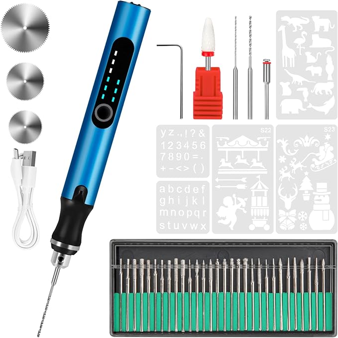 Engraving Pen with 37 Bits,Mini Electric Engraver Etching Machines Cordless Rotary Tools Engraved Jewelry Stone Metal Plastic Wood Resin Model (Blue)