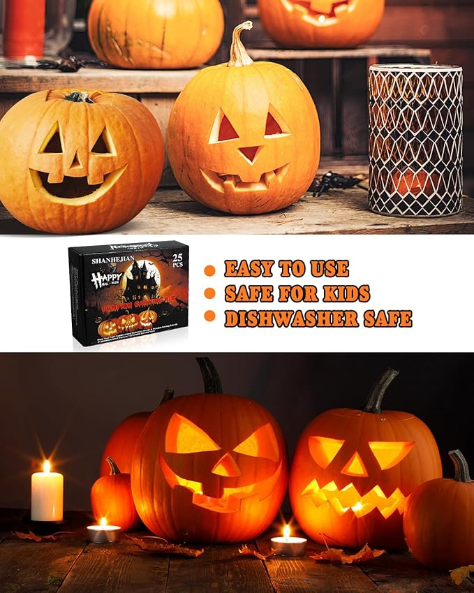Pumpkin Carving Kit, 21 Pcs Stainless Steel Pumpkin Carving Stencils with 4 Halloween Carving Tools, Easy Safe and Durable for Kids Adults