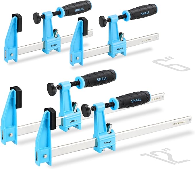 SHALL 6-Inch & 12-Inch Steel Bar Clamps Set, 4-pack Medium-Duty Quick-Release F Clamps, 600 Lbs Load Limit for Woodworking, Metal working, DIY and Crafts