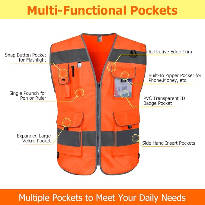 TCCFCCT Safety Vest for Men Women 9 Pockets High Visibility Reflective Vest for Safety, Work Vest with Reflective Strips, Meets ANSI/ISEA Standards, (Orange, X-Large)
