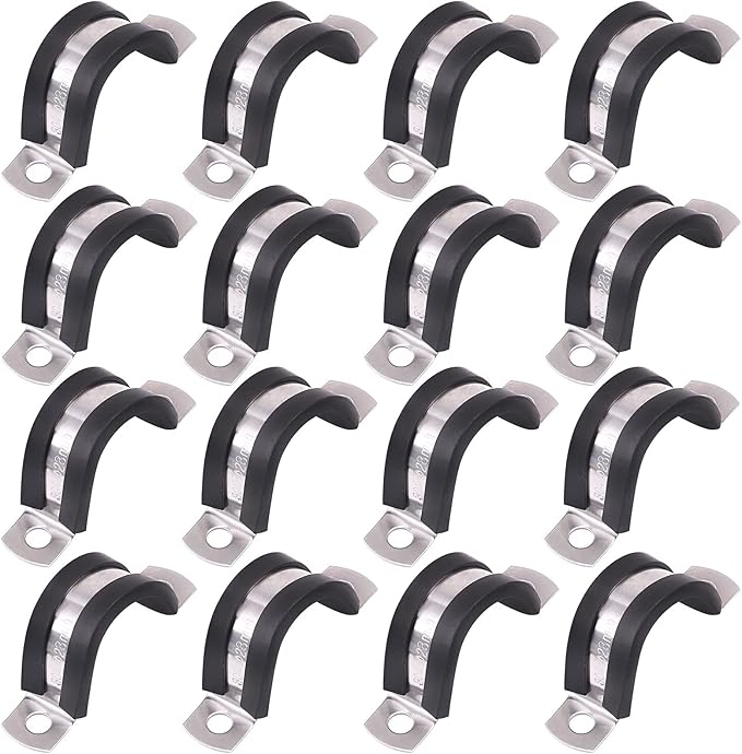 Glarks 16Pcs 28MM 2 Hole U-Tube Strap Clamp Set 304 Stainless Steel Rubber Cushion Rigid Pipe Strap U Bracket Tube Strap Assortment Kit For Pipe Tube Fixing (28mm)