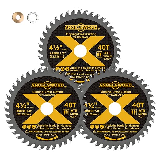 ANGELSWORD 4-1/2 Inch Circular Saw Blade,7/8" Arbor 40T, Used on Angle Grinder for Ripping, Cross Wood Cutting, 3 Pack, with 3/8"&5/8" Bushing