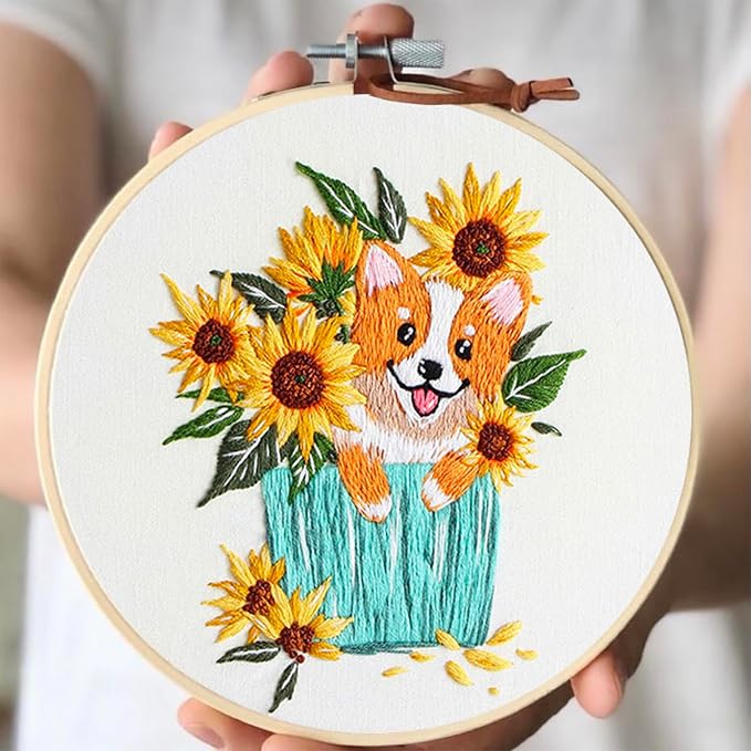COCOMOX 3 Sets Embroidery Kit for Beginners, Dog Flower Pattern Embroidery - Image 4