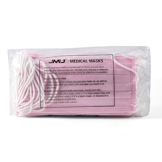 JMU Pink Disposable 4 Ply Earloop Face Masks, 50 Pack Level 3 Filter Protection Face Masks for Adult