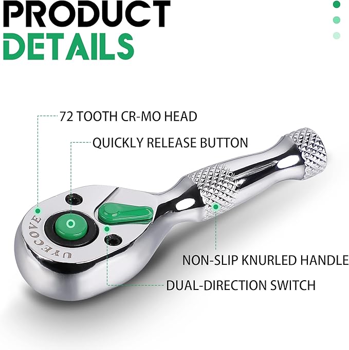 1/4 Inch Drive Ratchet Wrench, 1/4 Ratchet Wrench, 1/4 Drive Stubby Ratchet Socket Wrench, 72-Tooth, Reversible Cr-Mo Colorful Head, Chrome Steel - 3.54''/9cm