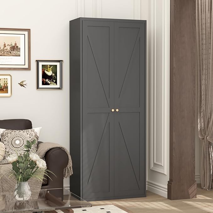 GREATMEET 71" Tall Storage Cabinet, Farmhouse Food Pantry Cabinet, Black Metal Kitchen Cupboard with Doors for Garage, Dining Room, Living Room and Laundry