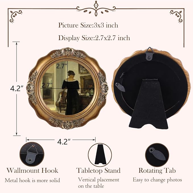SIKOO Vintage Picture Frames 3x3 Small Antique Round Picture Frame Tabletop and - Image 5