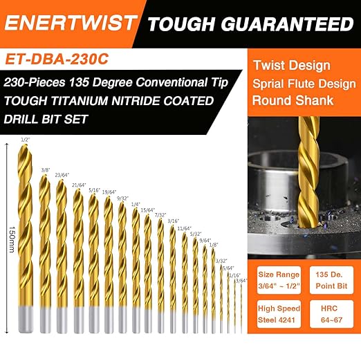 Enertwist Titanium Drill Bit Kit Set 230 Pieces Coated HSS Conventional 135° Tip High Speed Steel for Wood/Cast Iron/Plastic/Fiberglass from 3/64inch up to 1/2 Inch, ET-DBA-230C